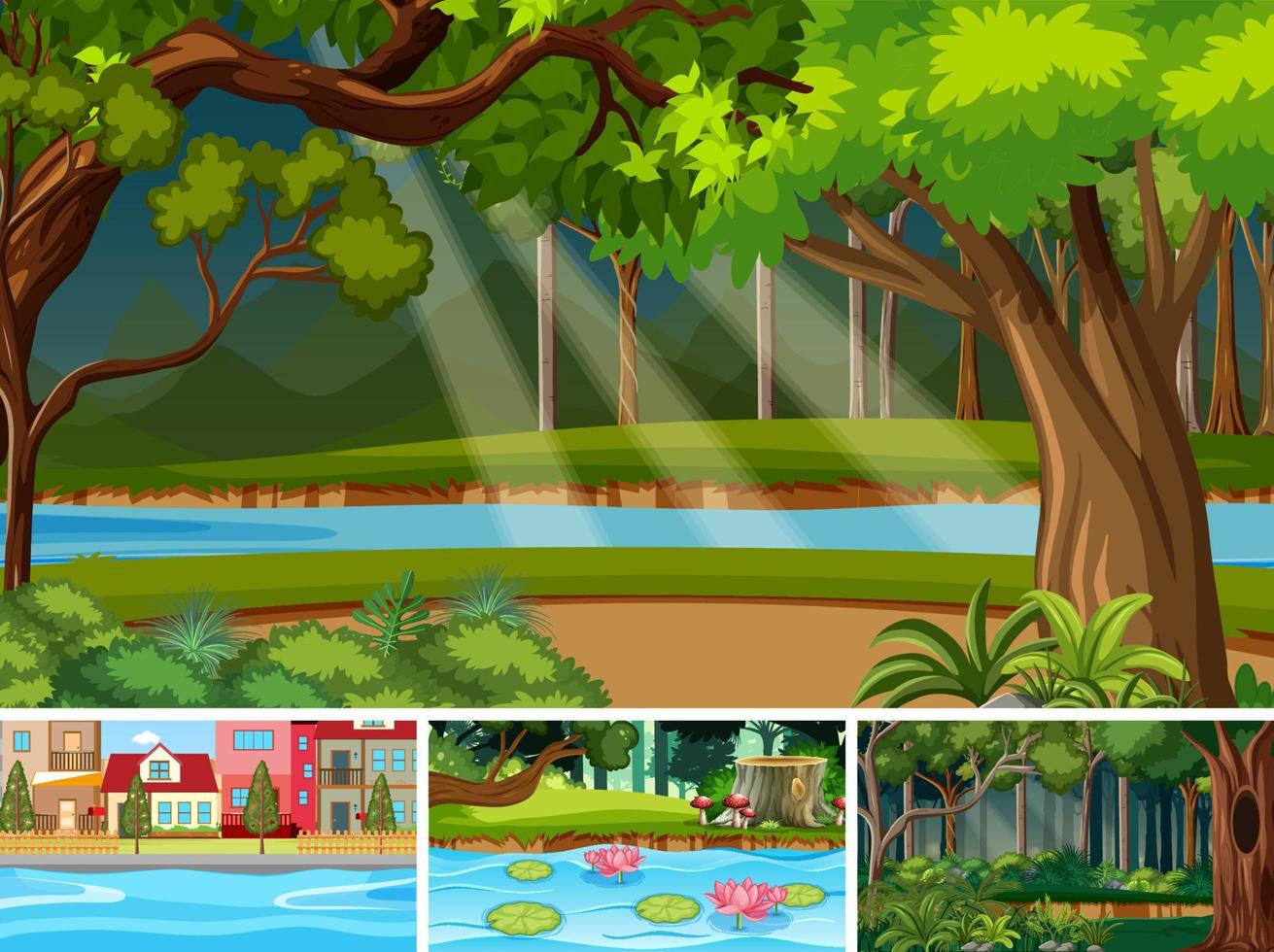 escena de la naturaleza con muchos árboles y río vector