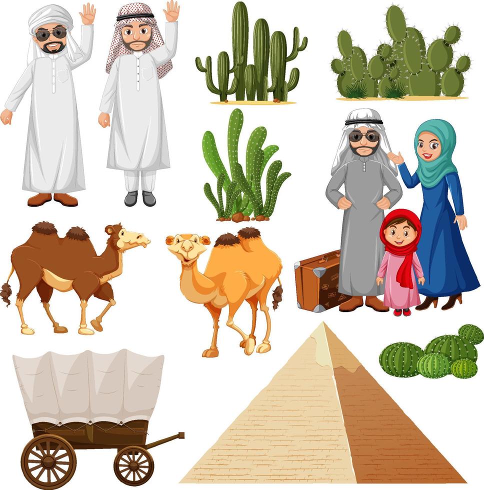 Arabic people with camel and cactus vector