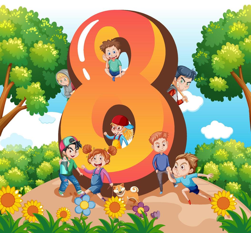 Eight kids with number eight cartoon vector