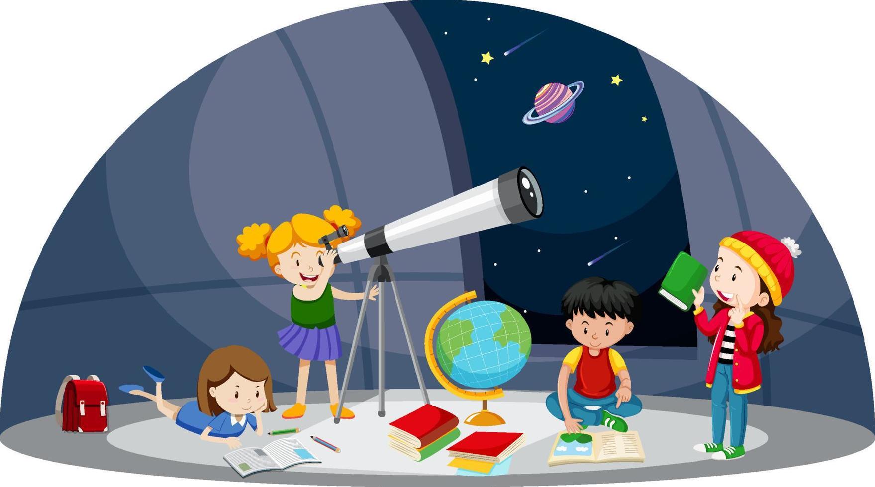 A Kids Looking at the planet with Telescope at observatory vector