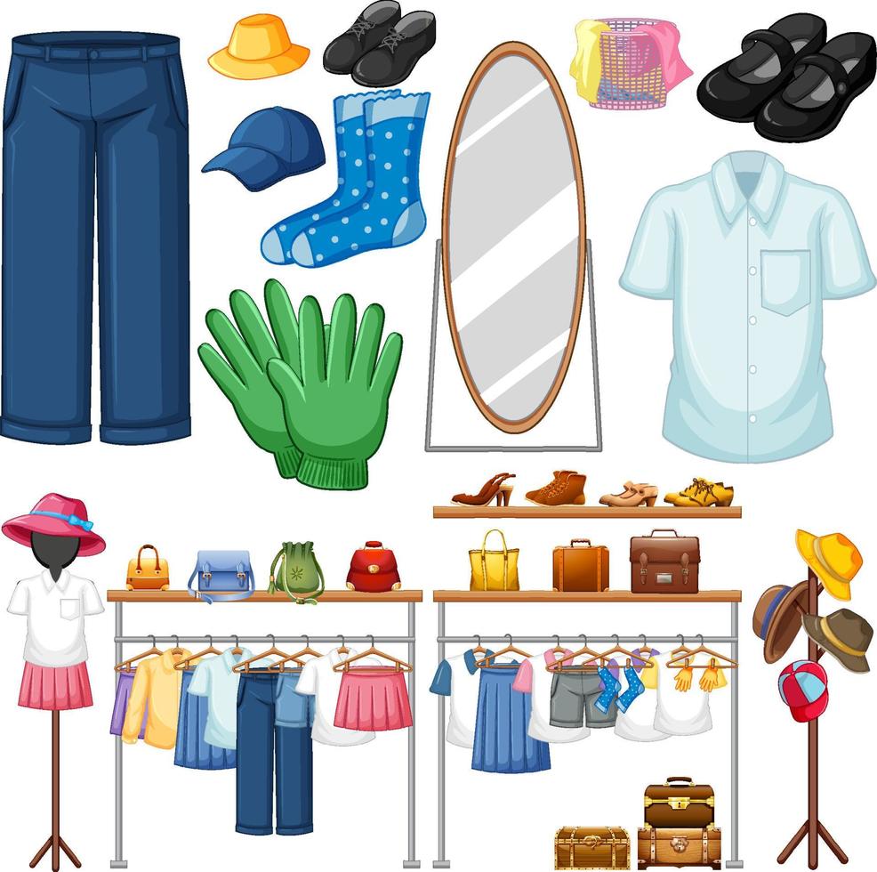 A set of different cloth on white background vector