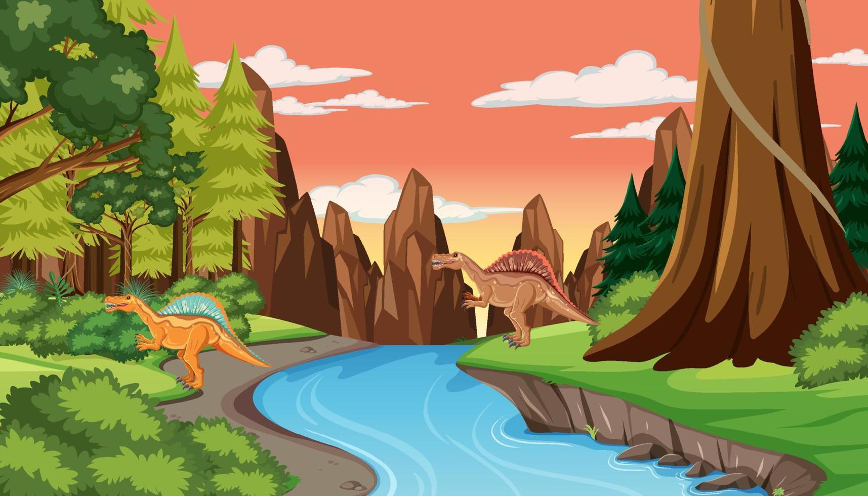Prehistoric forest with dinosaur cartoon vector