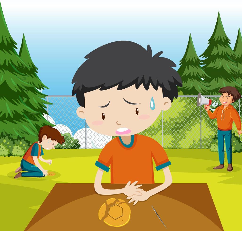 un niño rascando una galleta dalgona en el parque vector