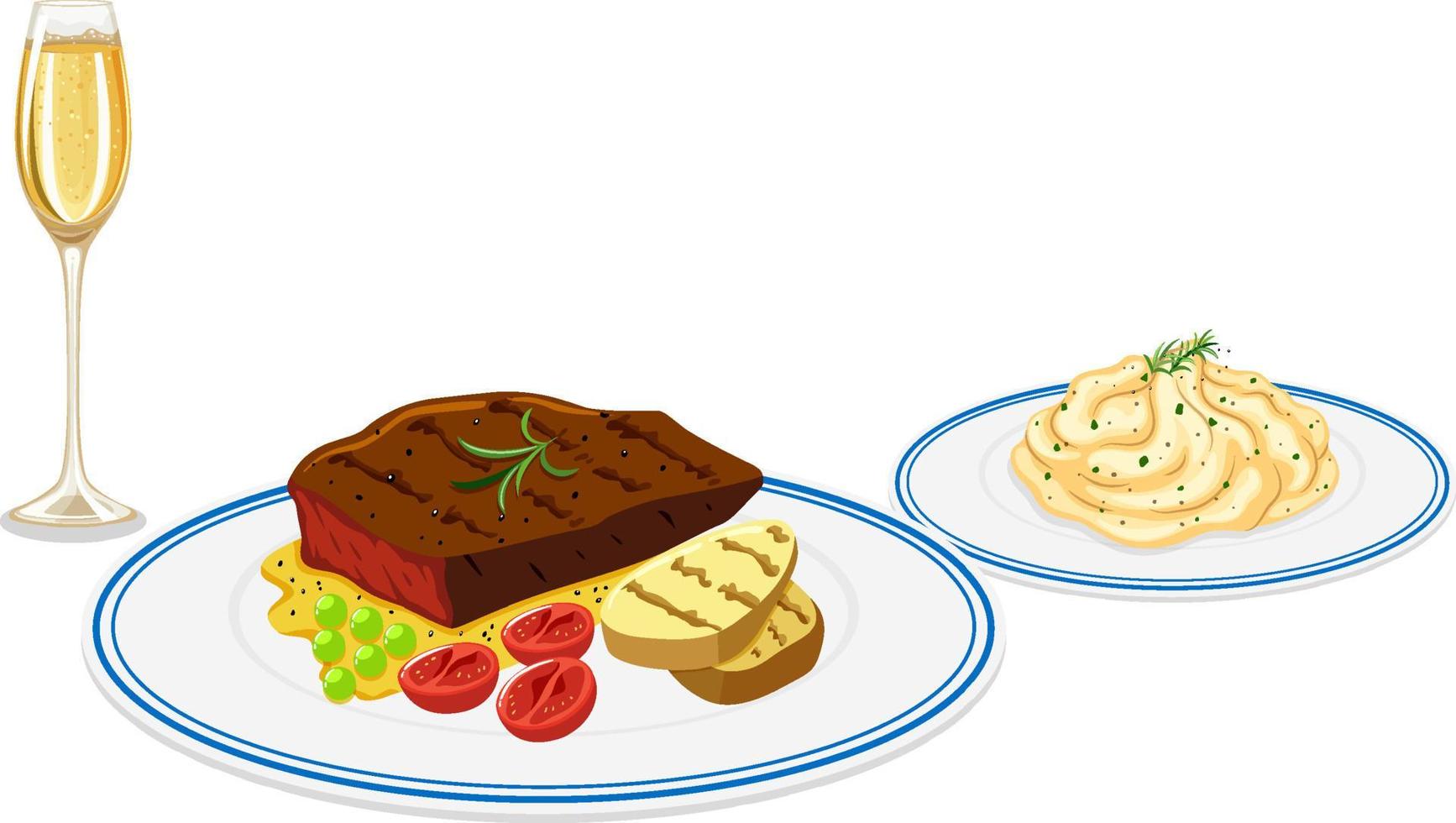 Dinner meal with steak and beverage vector