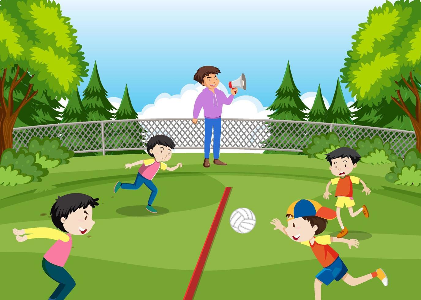 Kids doing physical activity with volleyball vector