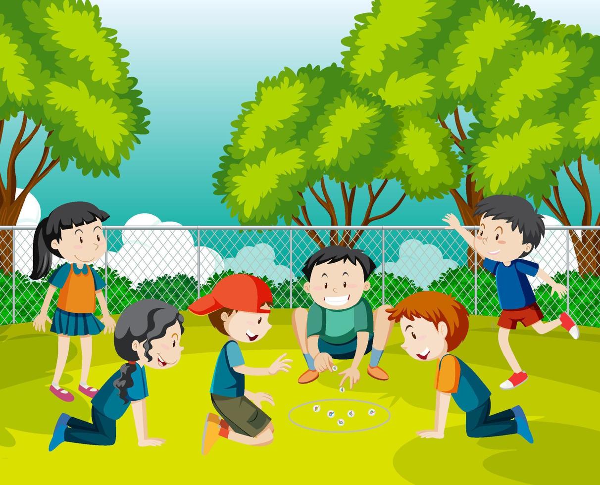 parque al aire libre con niños jugando canicas vector