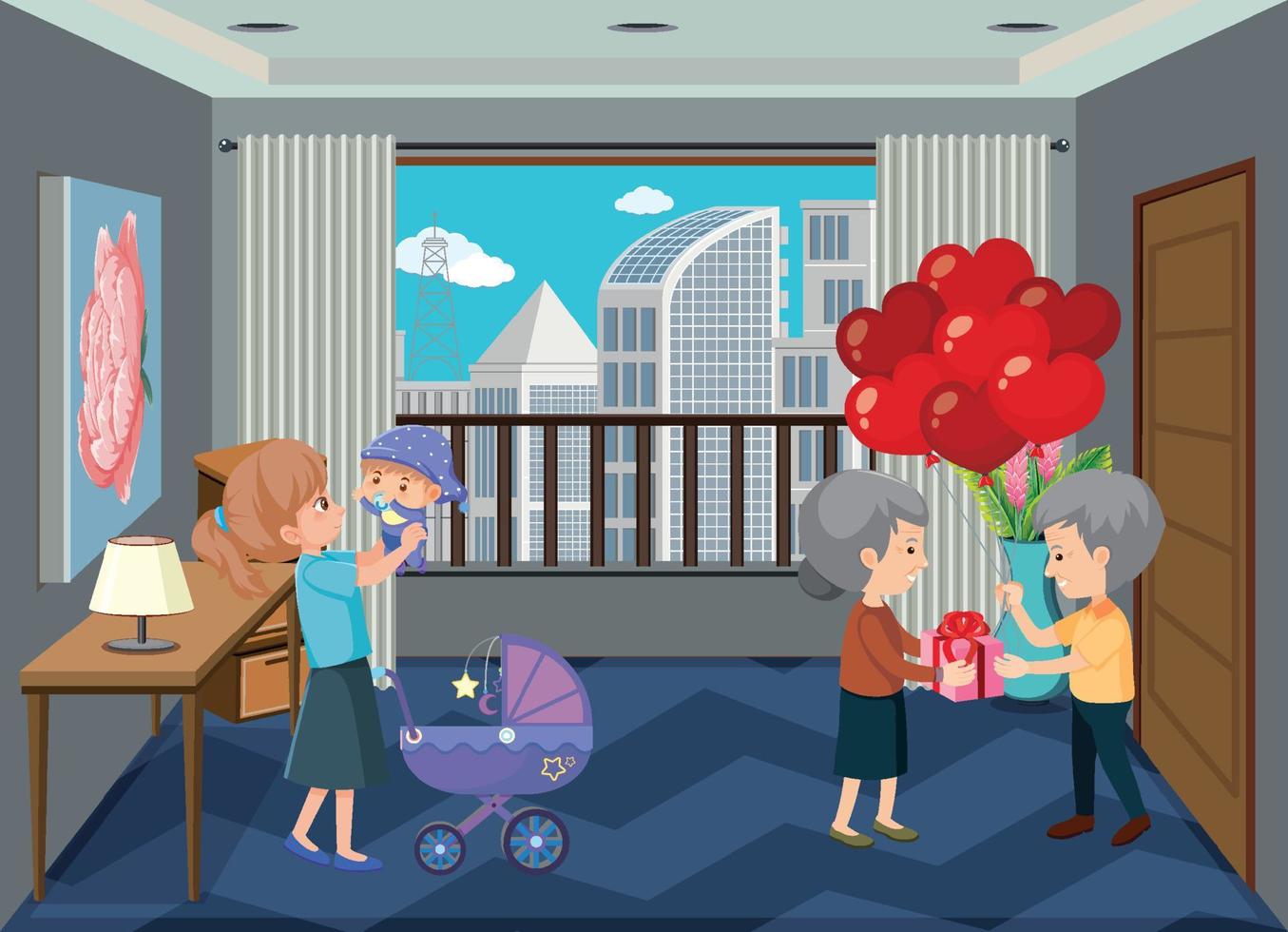 Living room scene with family members in cartoon style vector