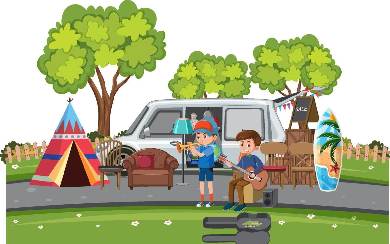 Boys playing music at yard sale vector