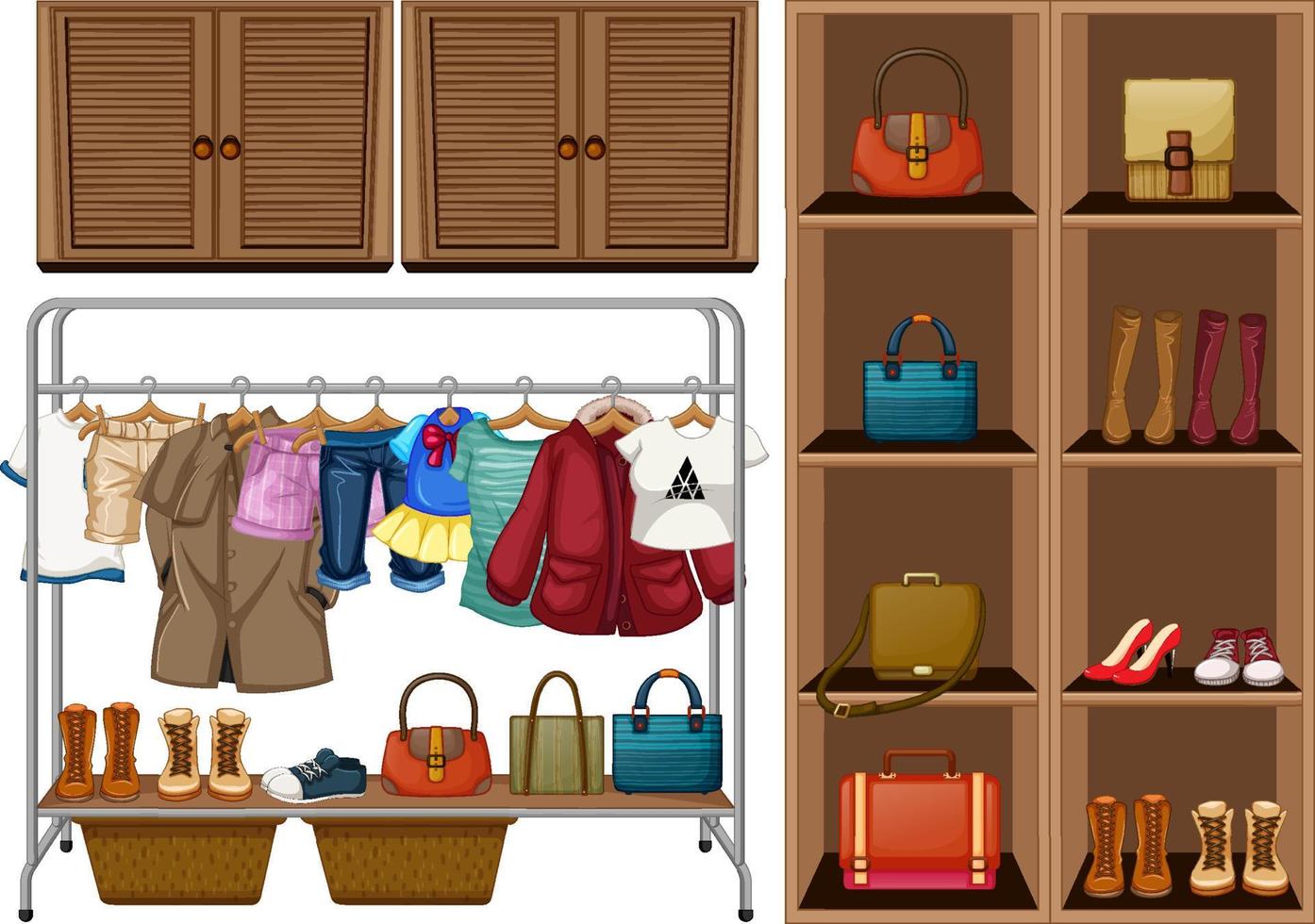 Many clothes and bags in closet vector