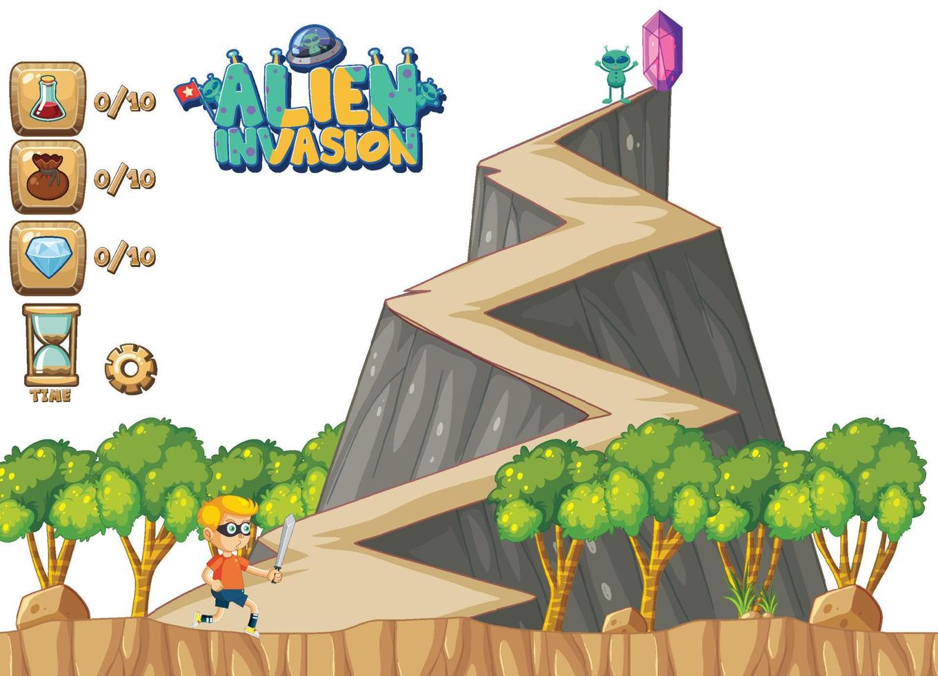 plantilla de fondo de juego con niño y extraterrestre vector