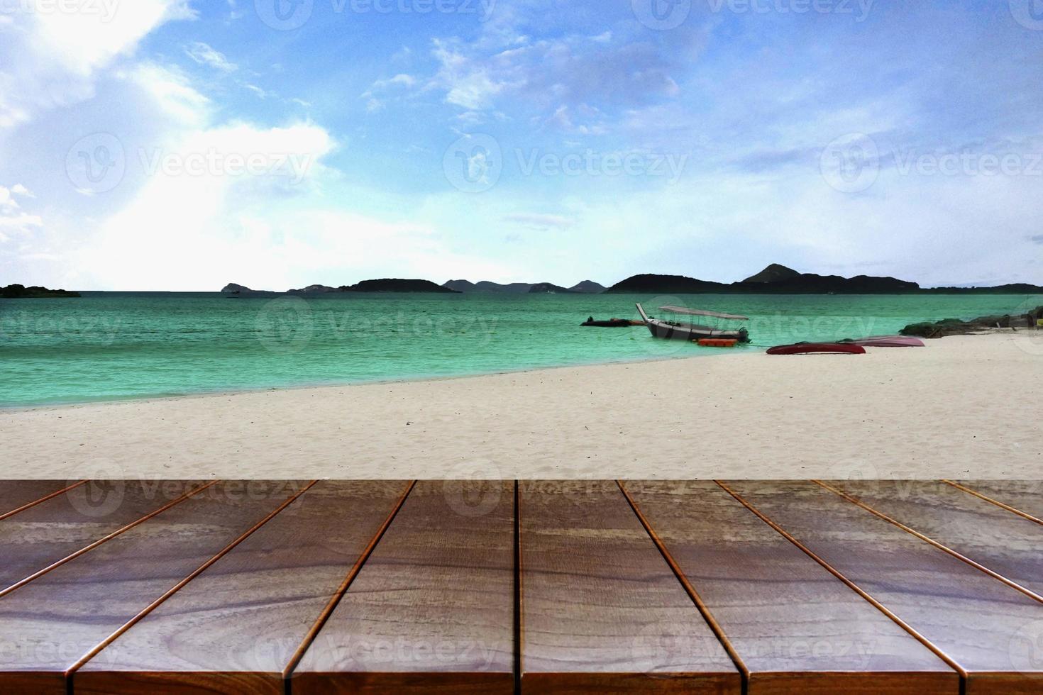 Empty wooden table space platform and Islands on the sea and sky background for product display montage , Wood table for product placement photo