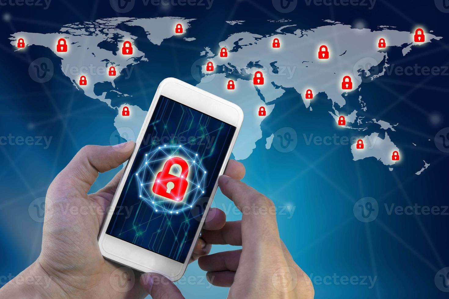 Man using smartphone with lock networking virtual screen of global network security, Cyber security internet and networking concept photo