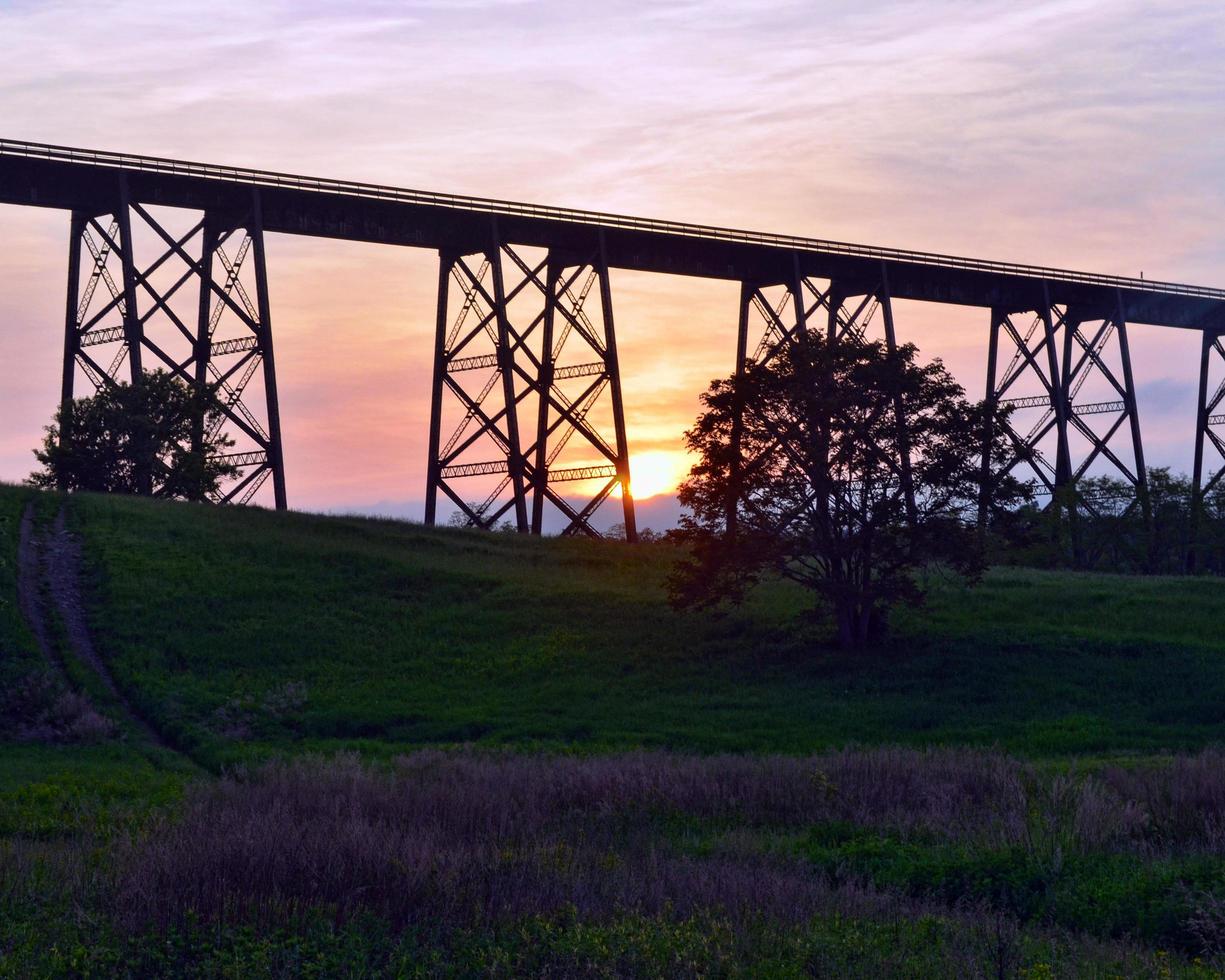 Train track bridge at sunset photo