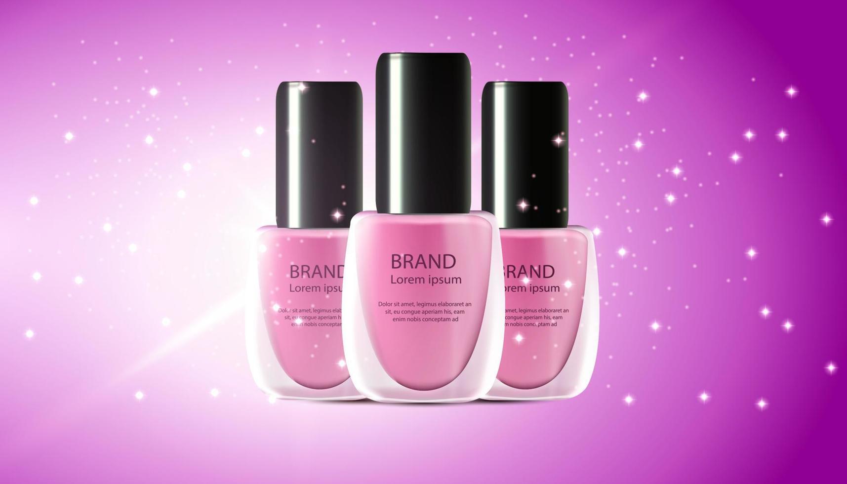 ilustración cosmética de maquillaje 3d realista de esmalte de uñas. producto de anuncio de color de maqueta de manicura y pedicura. fondo spash pintura beauty.fashion rosa laca botella marca barniz poster art. gel reflejo vector