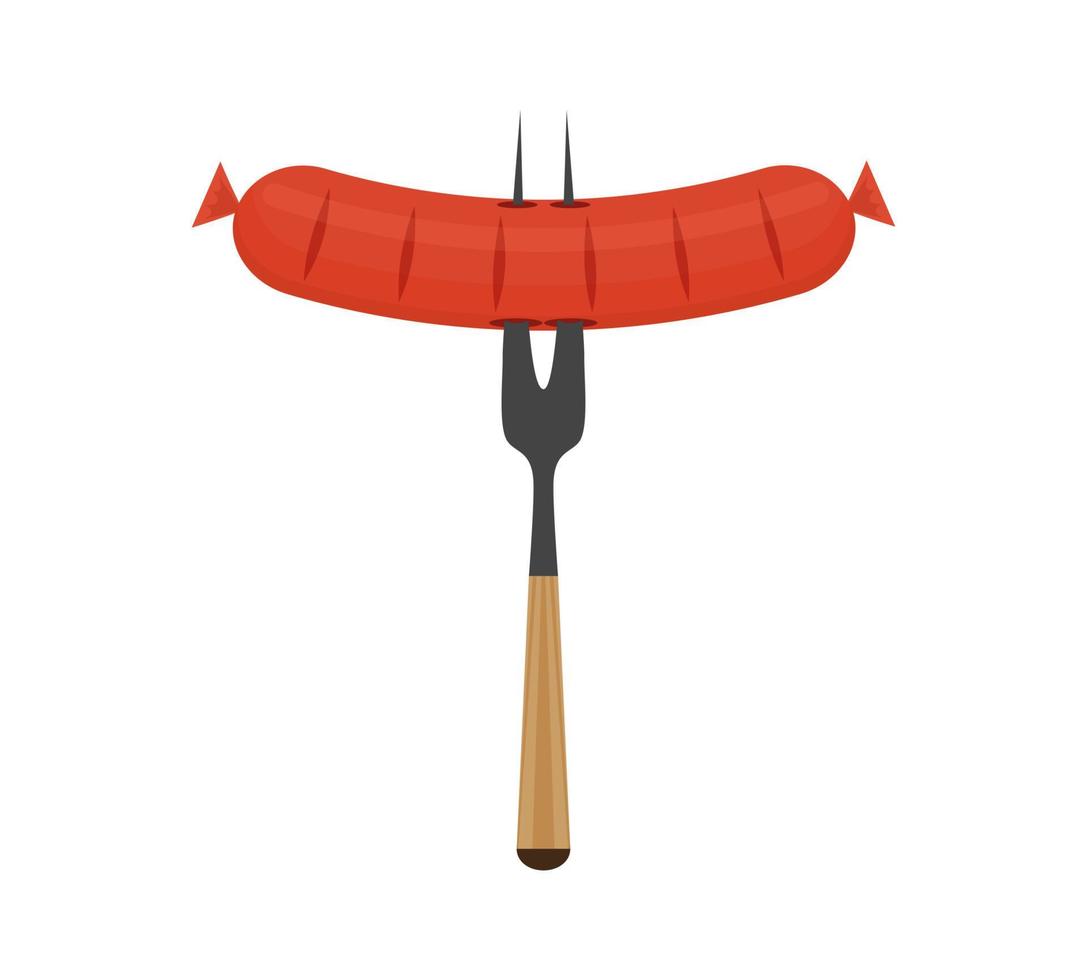 Oktoberfest sausage on fork vector grilled delicious kitchen concept menu. Hot tasty isolated graphic icon object. Summer party equipment picnic banner. Fried breakfast food. BBQ frankfurter