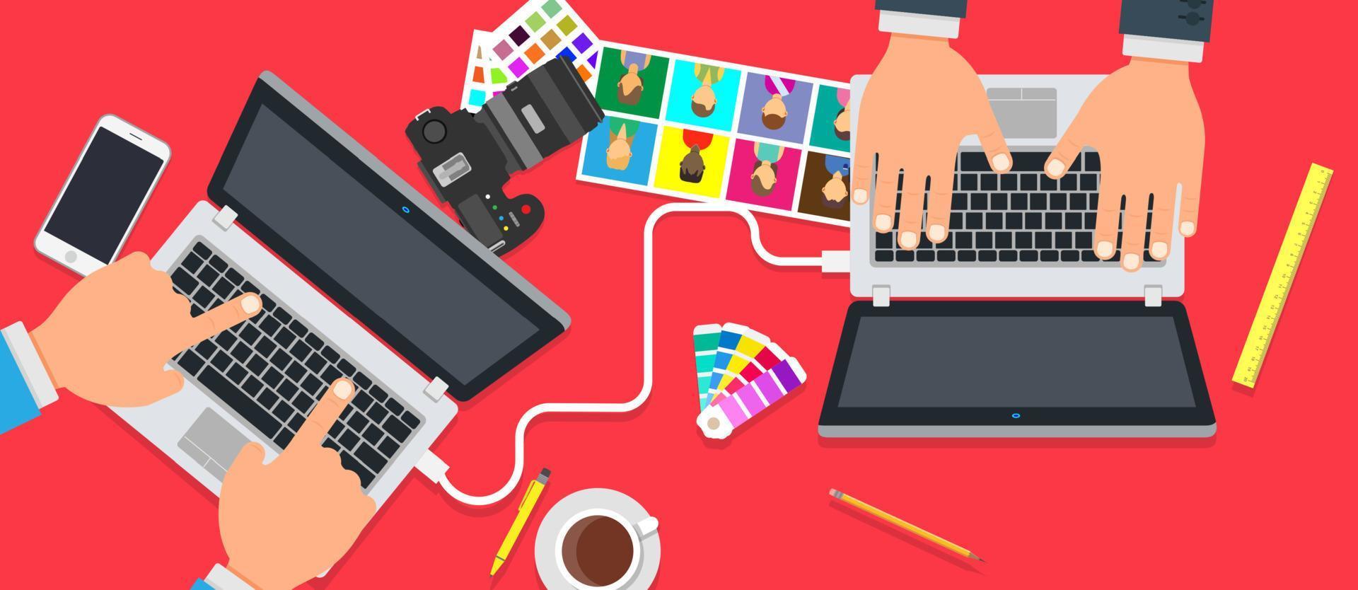 Creative office team people design. Business teamwork success vector background. Technology cooperation brainstorming concept illustration flat. Professional solution project job. Partnership idea
