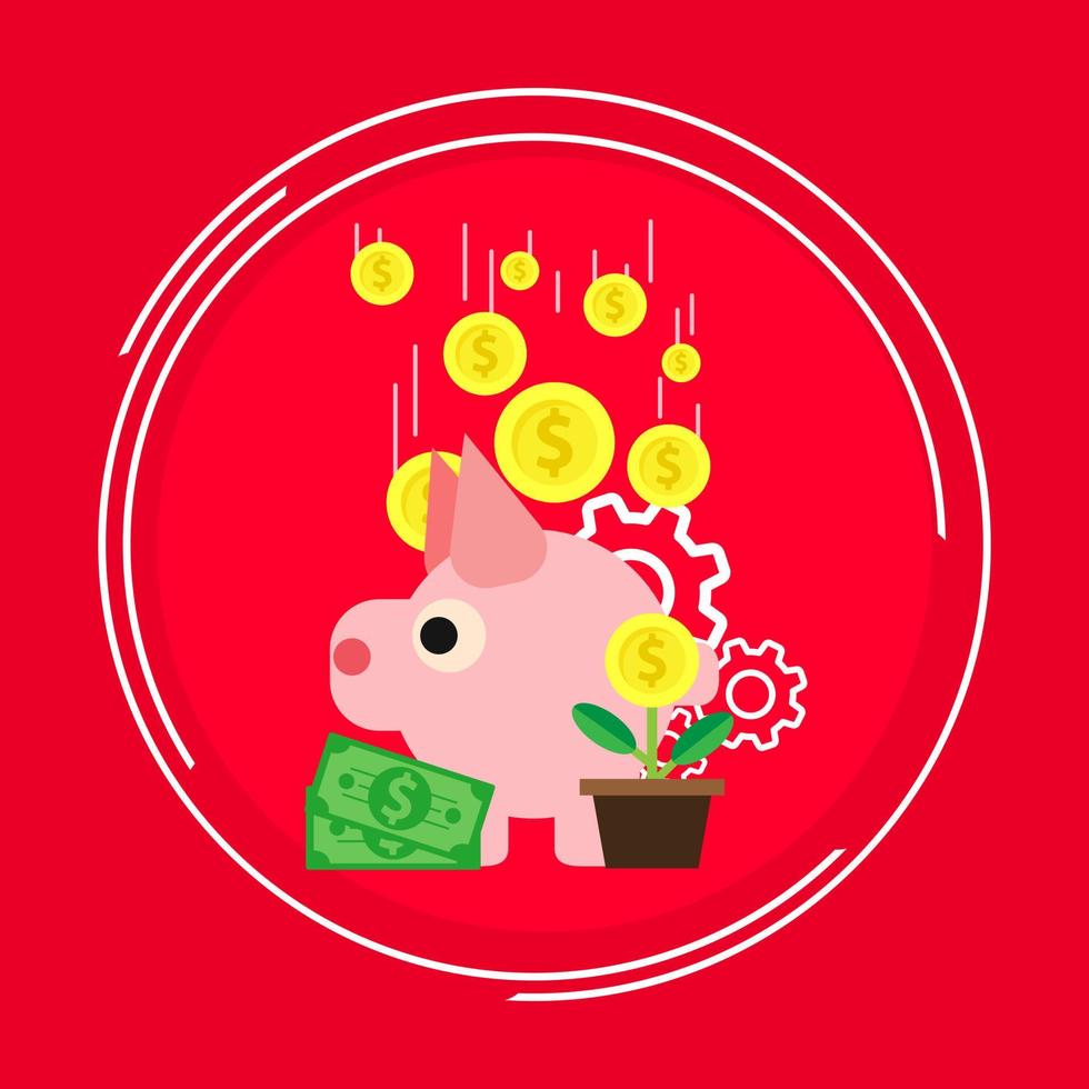 Pig symbol profit management business  design coin. Marketing sign growth money diagram isolated. Finance strategy increase report. Stock income success vector accounting payment. Revenue dollar flat.