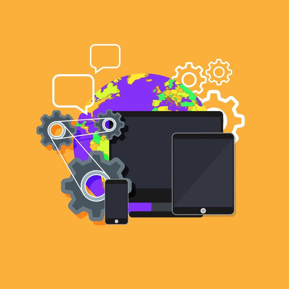 Design web interface website computer. Development responsive mobile, tablet, laptop UI screen. Digital technology site device vector. Banner sign network business coding flat illustration vector