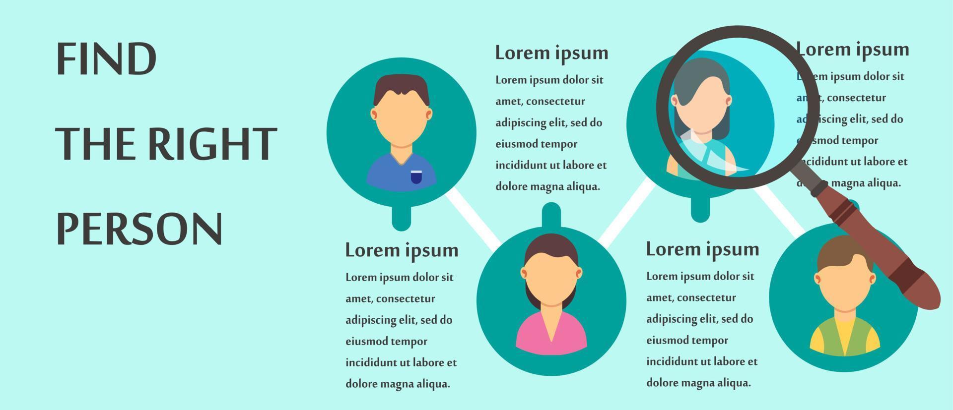 encontrar el vector de diseño de personas de la persona adecuada. trabajo de negocios de icono de concepto aislado humano. dirección de éxito de búsqueda feliz elegir. empleado de negocios de educación. carrera solución idea talento recluta arte