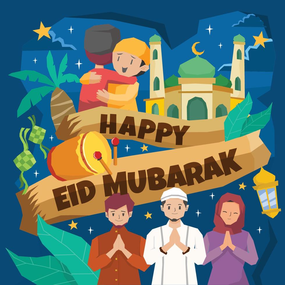 feliz eid mubarak concepto en estilo de dibujos animados vector