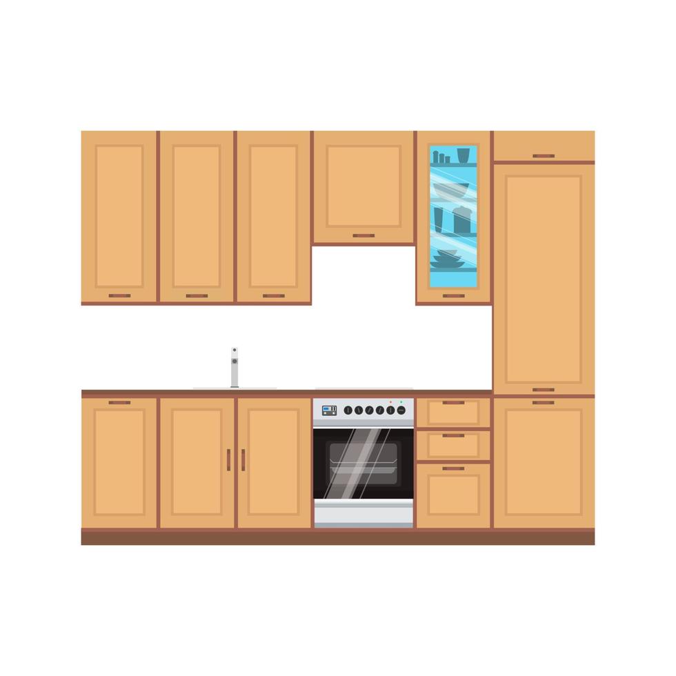 Kitchen design interior vector modern illustration room. Furniture drawing home line. Stove, food, cooking flat style