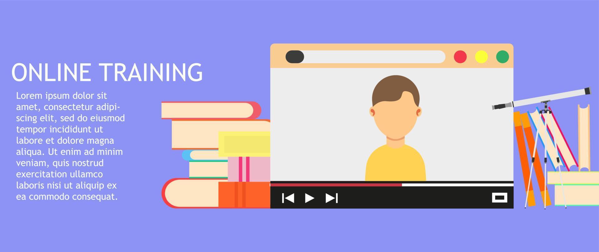 Online training education business technology. College web library course vector. Webinar video icon flat service school concept study. Elearning digital classroom distant media. Professional teacher vector