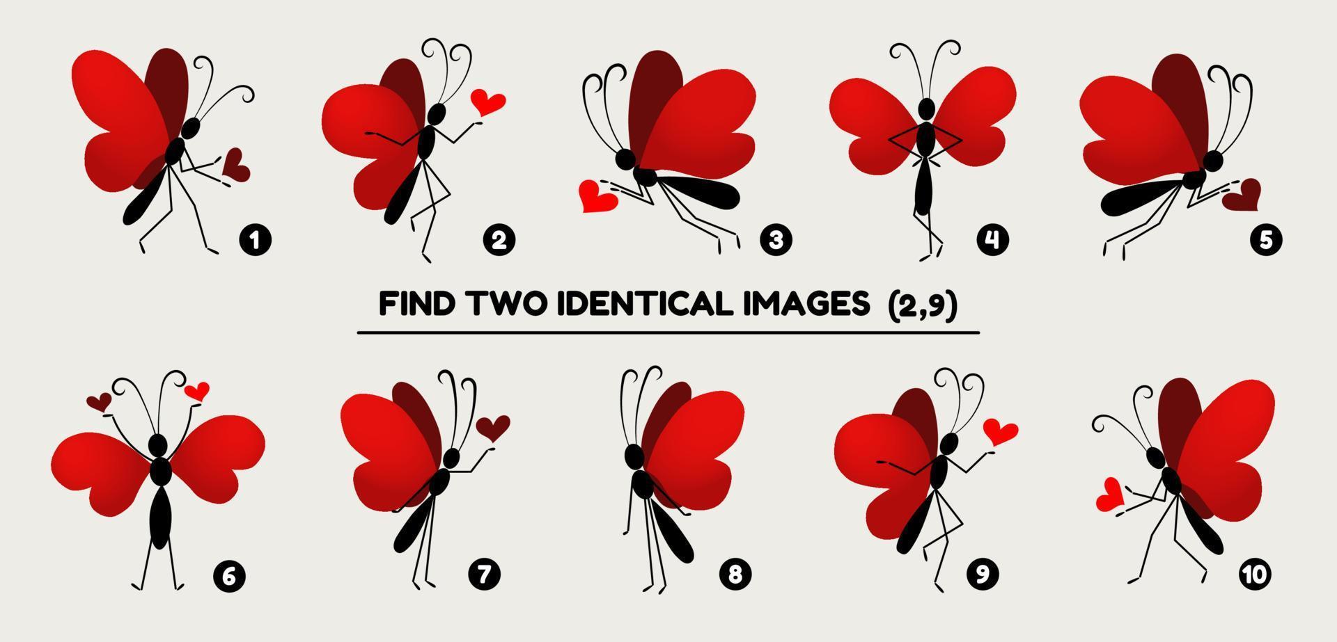 Red cartoon butterfly with thin legs playing with small little hearts.The educational matching game for preschool kids. Task is to compare items and find two identical chicks. Vector illustration