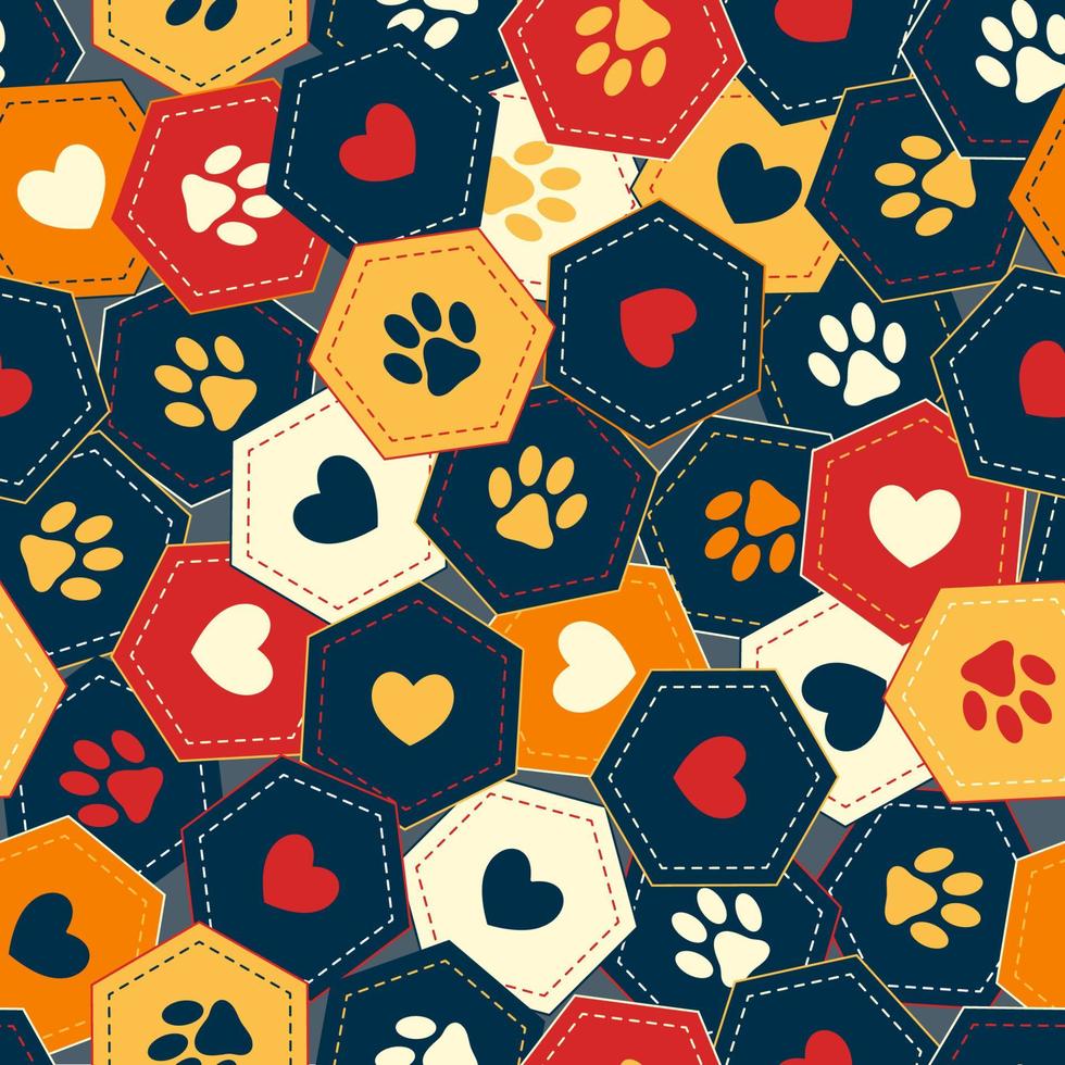 fondo de patrón sin costuras con corazones y huellas de mascotas caseras en hexágonos superpuestos caóticos. vector. Bueno para la decoración de envolturas, productos para mascotas. vector