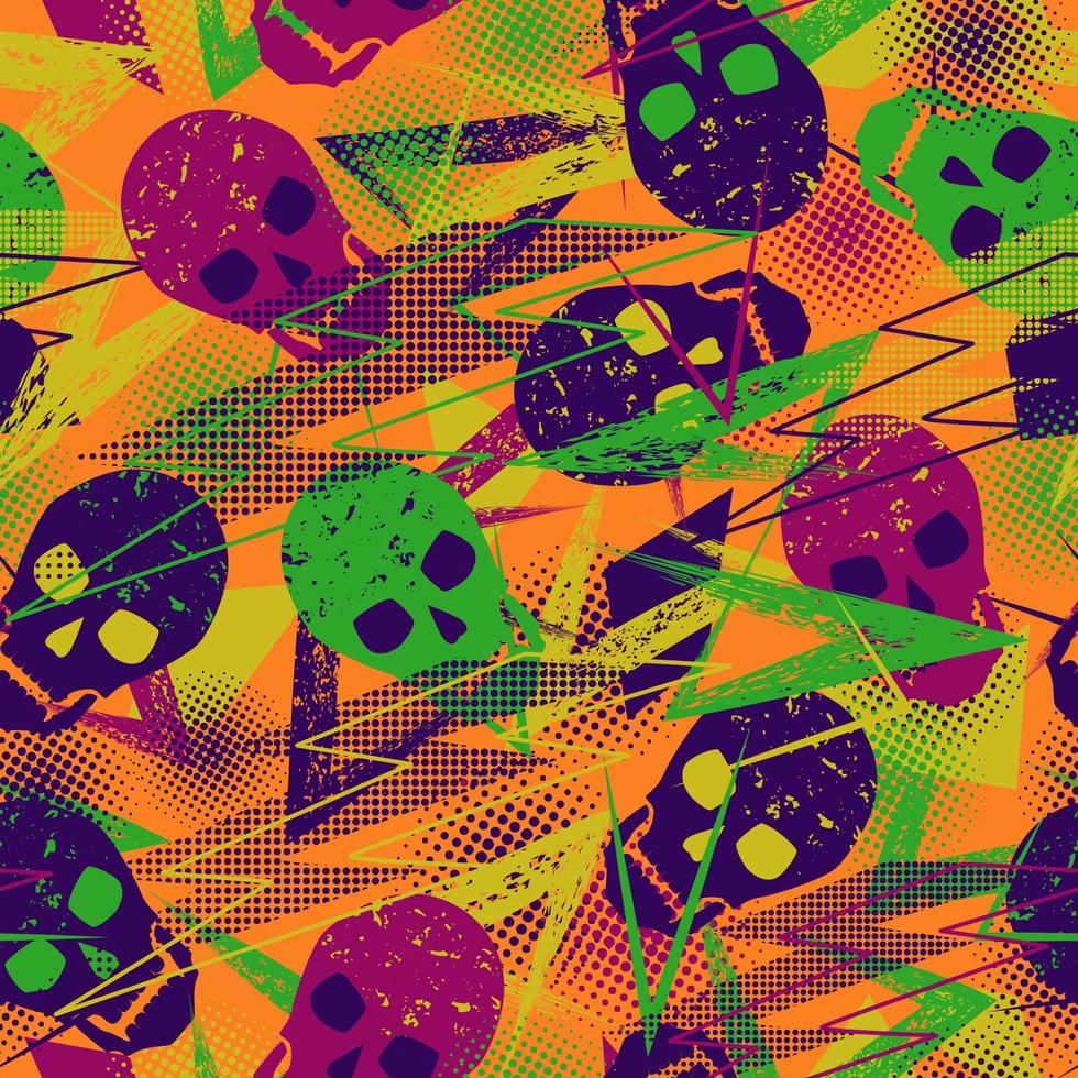 Seamless pattern with skulls, grunge paint brush stroke, lightning, dotted halftone shapes. Bright colors for kids apparel, fabric, textile, sport goods, for Halloween decoration Modern grunge texture vector