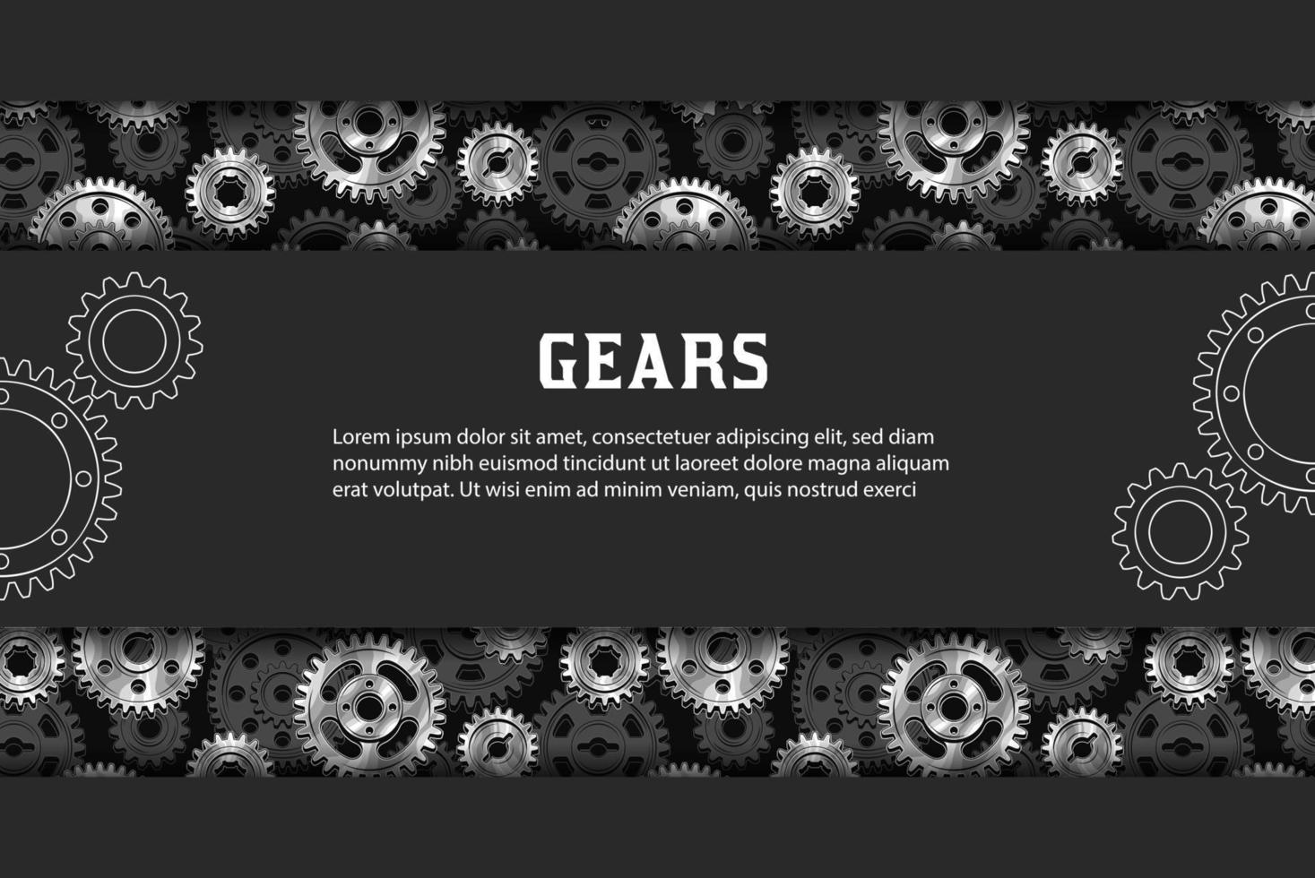 Black background with technology black and silver steel gears, space for text. Business template. vector