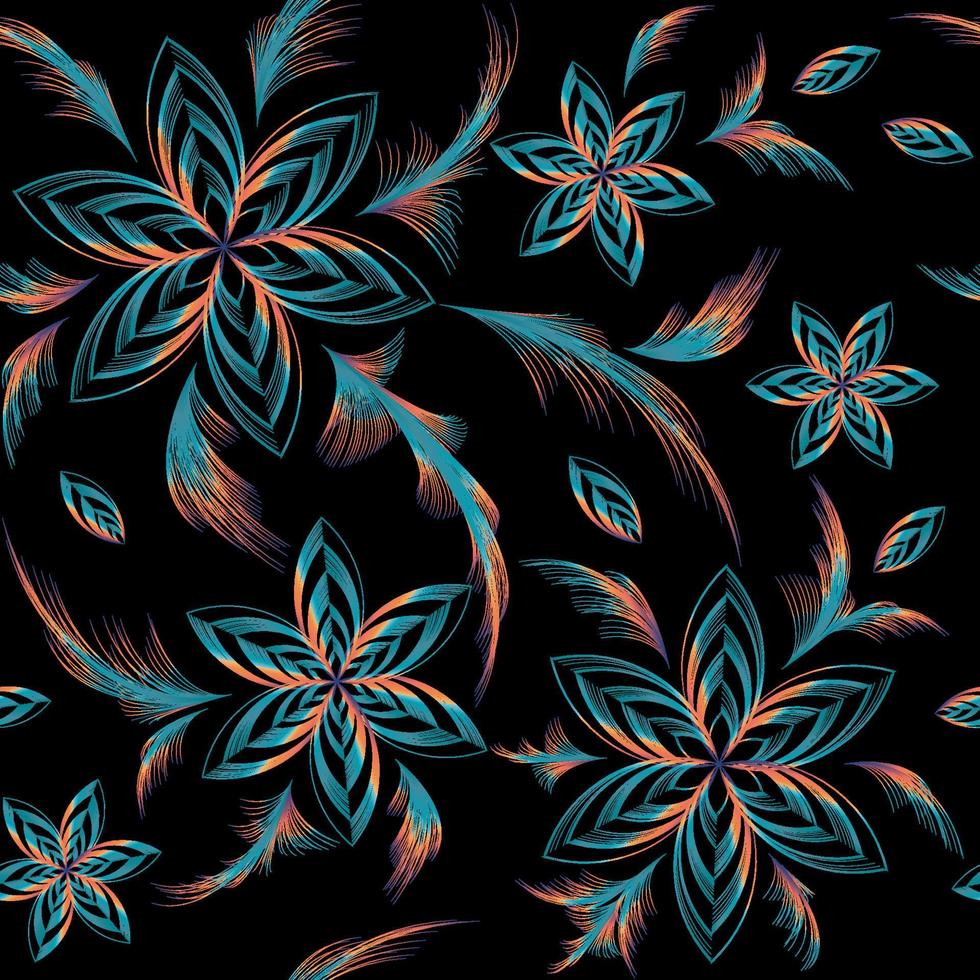 Turquoise lacy flowers and leaves of thin lines on a black background. Leaves drawn like a feathers. Bright colors. Vector seamless pattern.