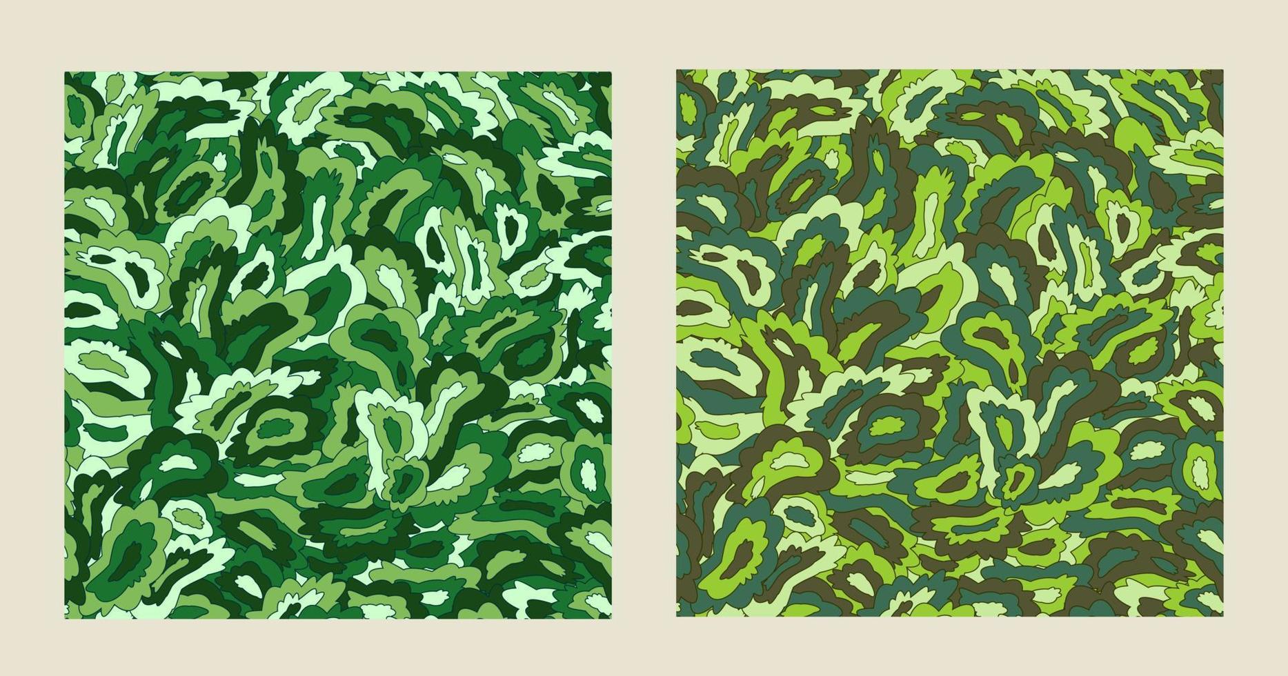 Set of camouflage patterns. Lots of green stretched spots in doodle style. Dense overlay of elements in a mess. Vector illustration