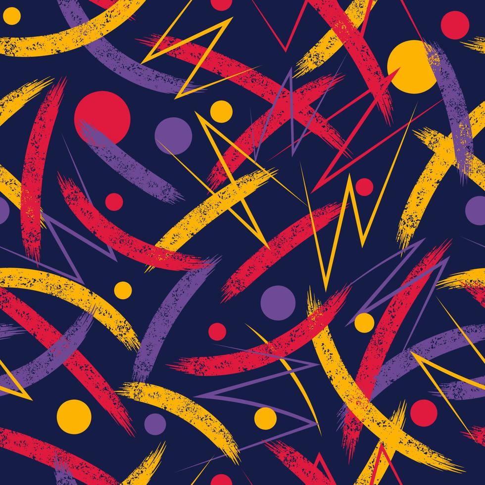 Abstract seamless pattern with grunge paint brush stroke and circles. Colorful intricate smears on black background. Modern grunge texture. Perfect for sportswear, sporting goods vector