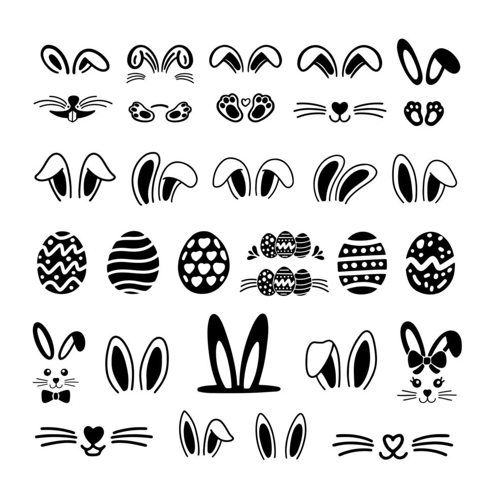 conjunto de vectores de elementos de pascua. elementos únicos dibujados a mano de huevos de pascua, orejas de conejo de pascua aisladas en fondo blanco, ilustración vectorial. feliz vector de Pascua.