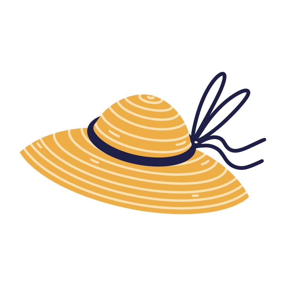 icono de vector de sombrero de paja. accesorio de playa decorado con cinta, lazo. sombrero femenino para bronceado, protección solar, trabajo agrícola. ilustración dibujada a mano aislada sobre fondo blanco. estilo de dibujos animados plana