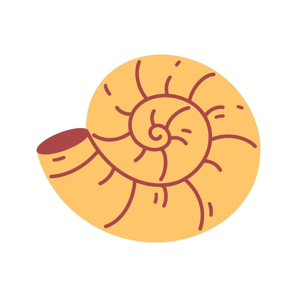 icono de vector de concha. Almeja nautilus espiral amarilla aislada sobre fondo blanco. animal marino en concha, estilo de dibujos animados planos. clipart de color de verano para decoración, diseño de carteles, tarjetas, pegatinas