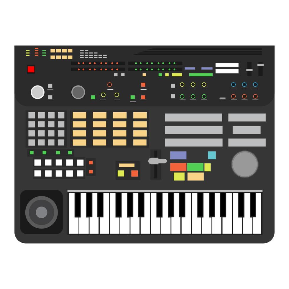 ilustración diseño arte clásico tecnología interpretación teclas piano. logotipo de música de sintetizador de compositor profesional. Teclado de instrumento mezclador de bajos estéreo multimedia. estudio de fondo vectir dj icono de sonido. vector