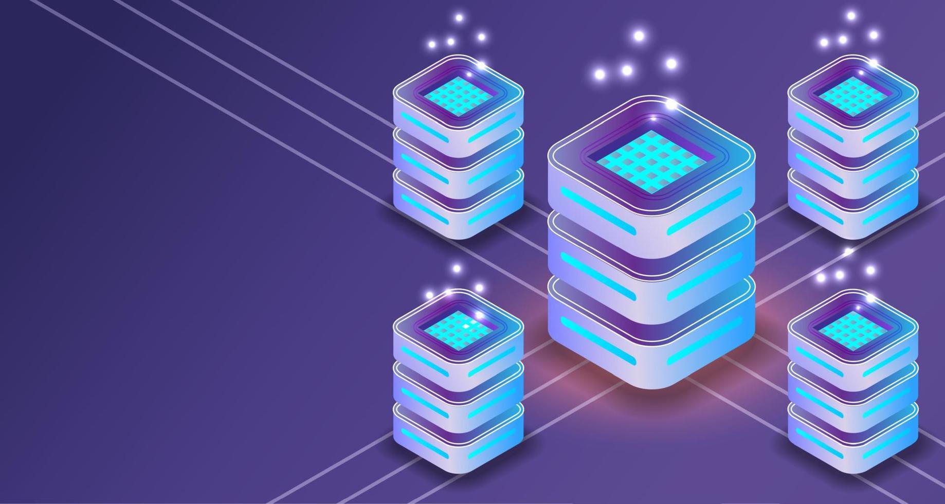 Server isometric 3D connection communication data. Networking service banner database vector illustration.