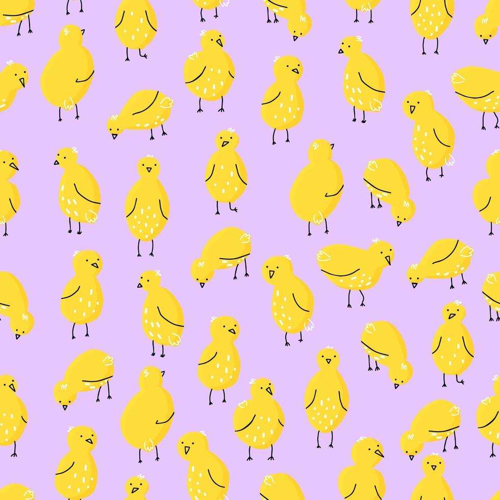 pattern with chickens in different poses. Vector seamless pattern with cute little chickens on a colored background
