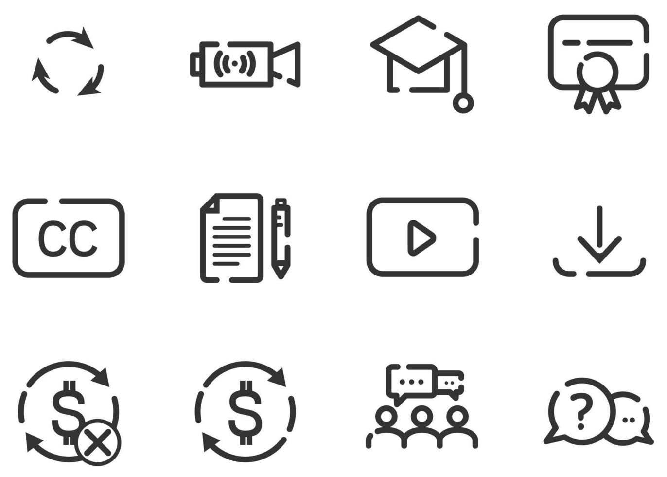 Online Education linear icons. Learning tool application for learner. Includes stream, download, project, files, support, community, certificate, accessibility, update, subscription symbol. vector