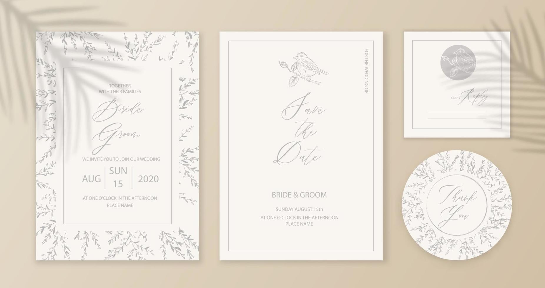 Vintage wedding set template with leaves and twigs. Wedding invitation, save the date, thank you card. vector