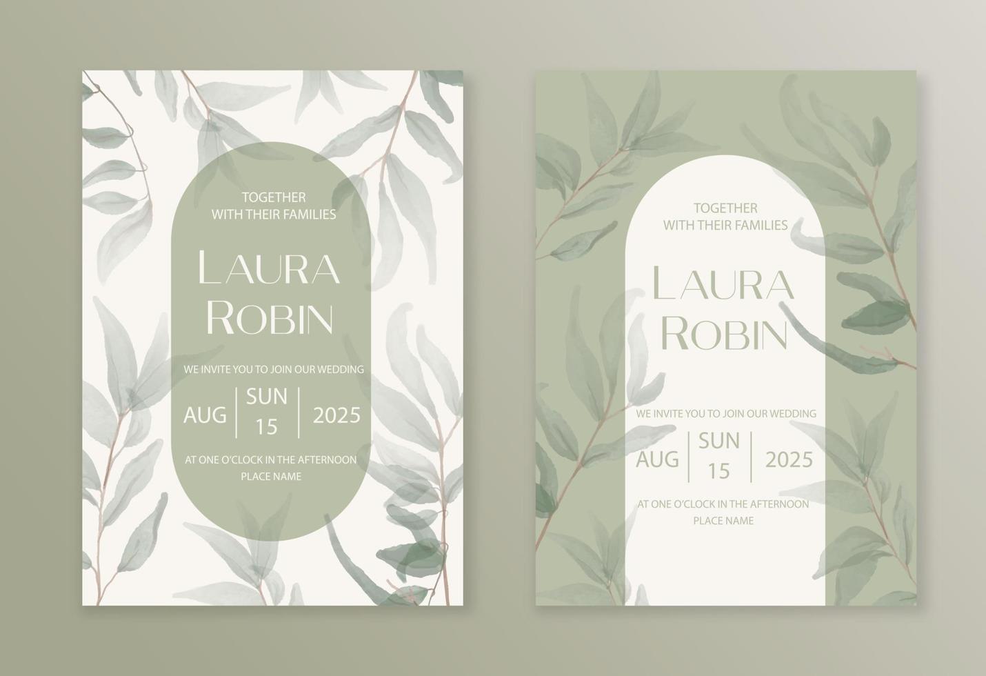 Luxury arch wedding invitation card background with green watercolor botanical leaves. Abstract floral art background vector design for wedding and vip cover template.