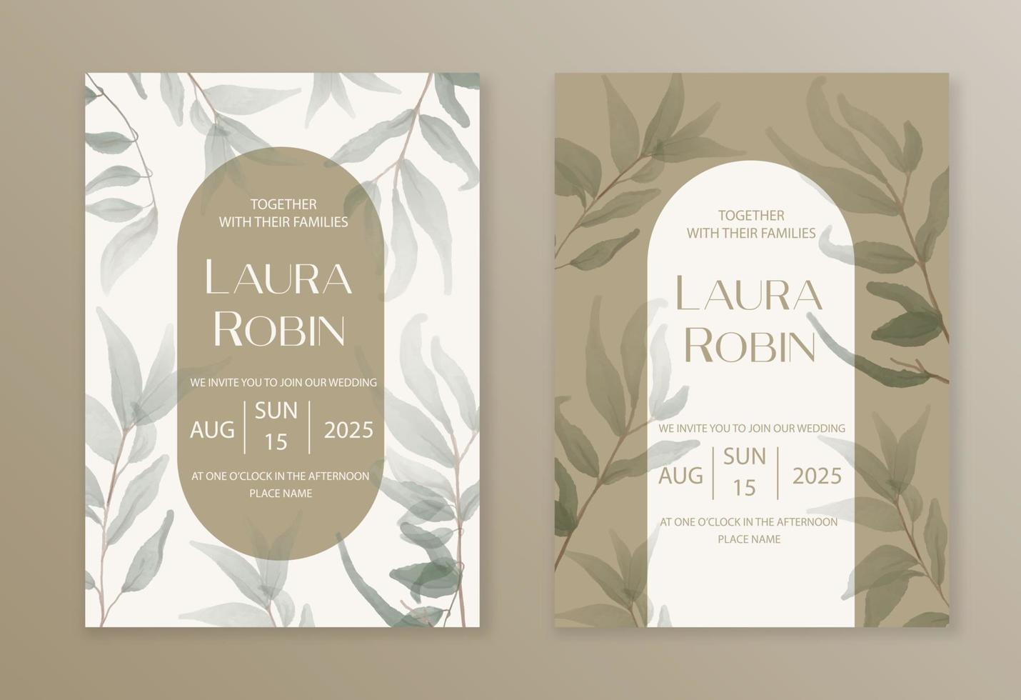 Luxury arch wedding invitation card background with green watercolor botanical leaves. Abstract floral art background vector design for wedding and vip cover template.