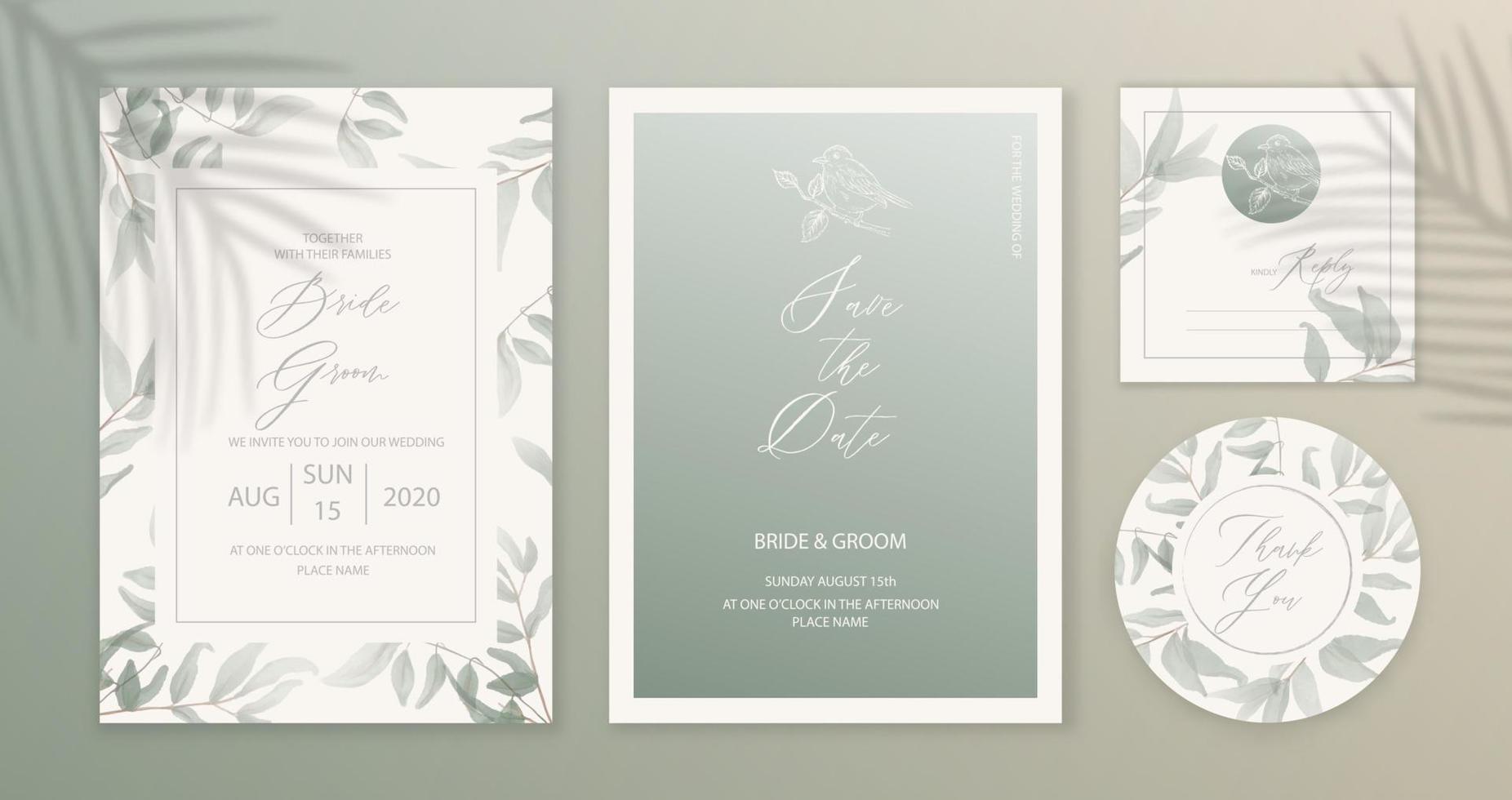 fondo de tarjeta de invitación de boda verde con hojas botánicas de acuarela verde. diseño de vector de fondo de arte floral abstracto para boda y plantilla de portada vip.