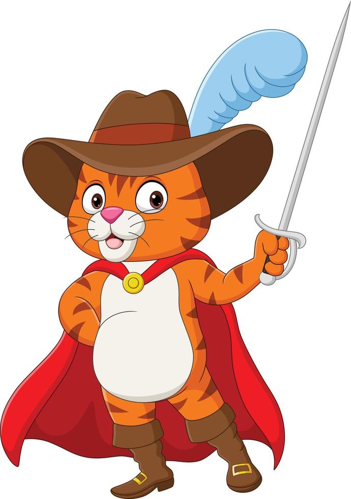 Cartoon puss in boots holding sword vector