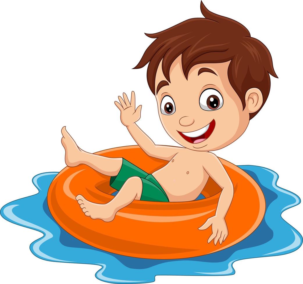 Cartoon little boy floating with inflatable ring vector