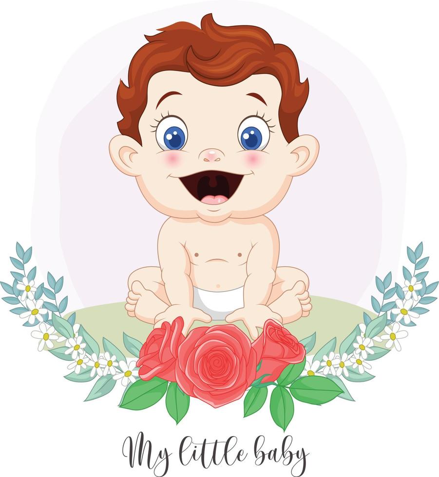 dibujos animados lindo bebé niño con fondo de flores vector