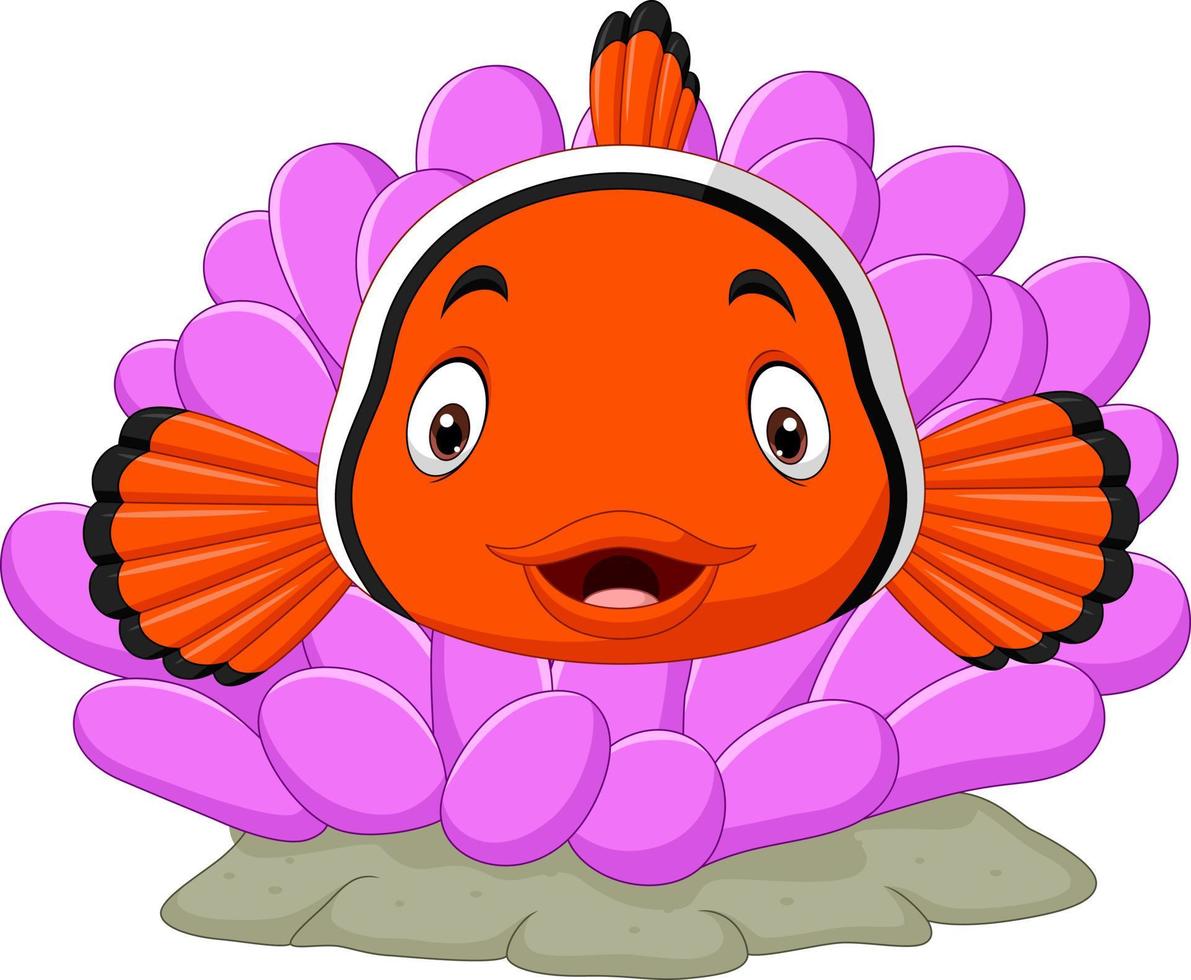 dibujos animados lindo pez payaso con coral vector