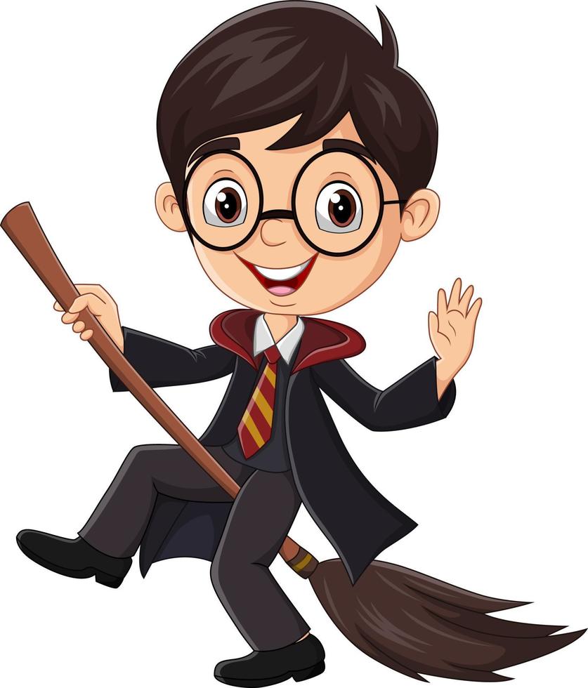 Cartoon wizard boy with a magic broomstick vector