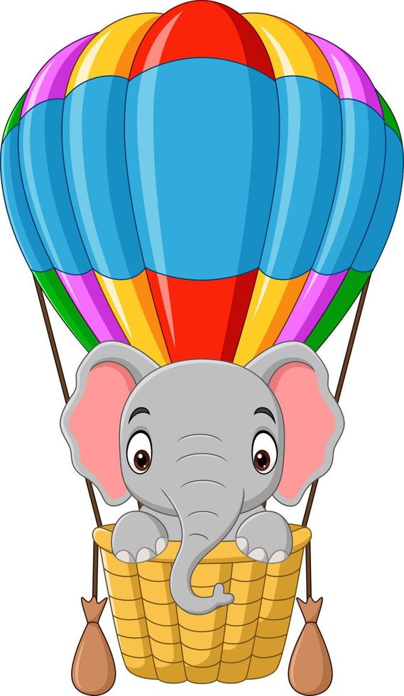 Cartoon baby elephant riding a hot air balloon vector